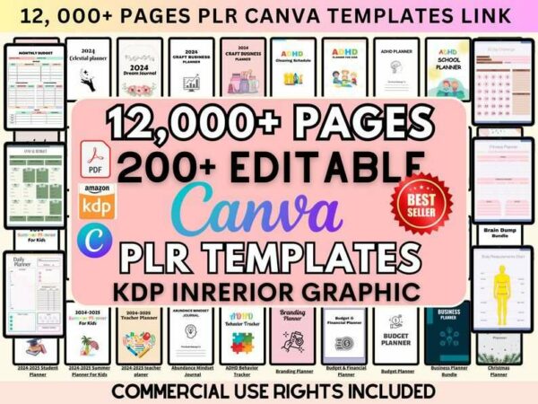 PLR 12000+ Pages Canva Planner Templates, Unique Designs Digital Planner Journal Template, Logbooks Notebook Commercial Use KDP Mrr Resell